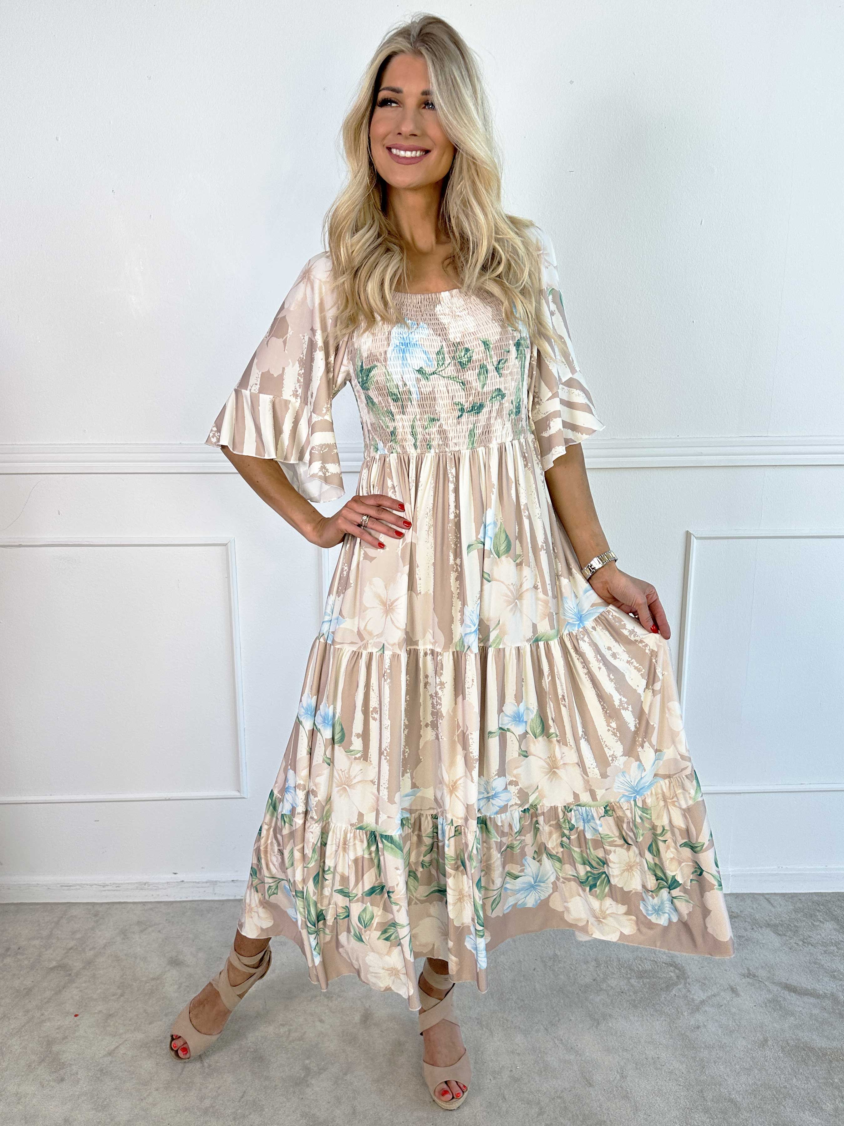 Elna Floral Stripe - Blommig elastisk klänning med smockat bröst